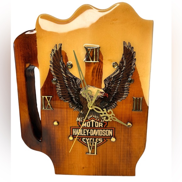Rare Vintage 80s Harley Davidson Wooden Lacquer Wall Clock Man Cave Bar Garage - Picture 1 of 5